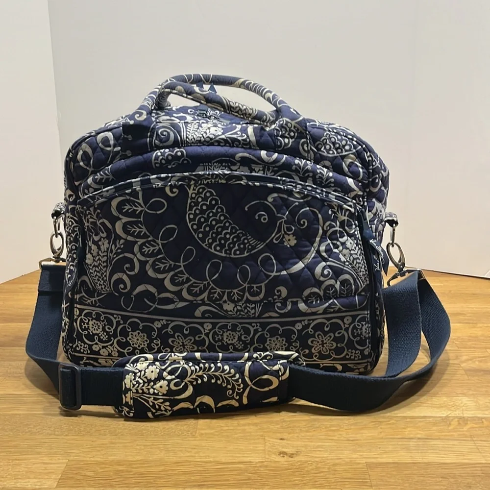Vera Bradley Blue & Ivory Floral Paisley Print Laptop Commuter Bag Travel Tote
